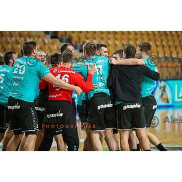 in action during 1.NLB league handball match between Celje Pivovarna Lasko and Gorenje Velenje in Arena Zlatorog, Celje, Slovenia on April 14, 2021