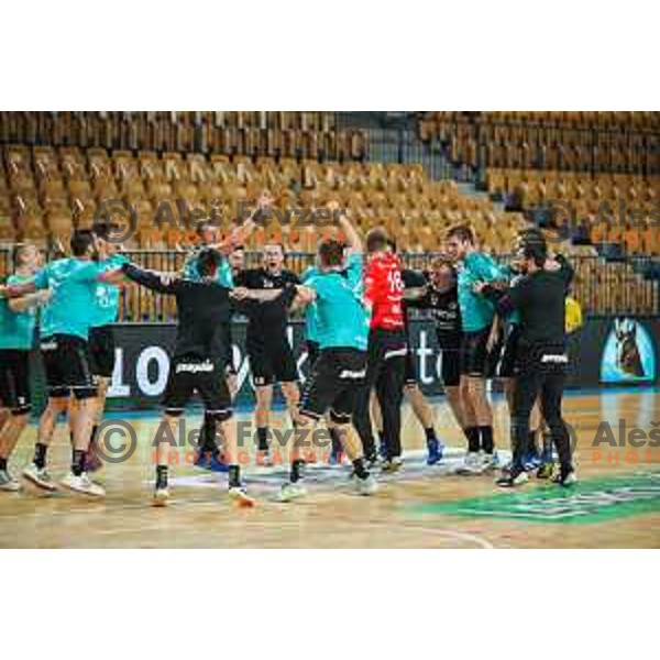 in action during 1.NLB league handball match between Celje Pivovarna Lasko and Gorenje Velenje in Arena Zlatorog, Celje, Slovenia on April 14, 2021