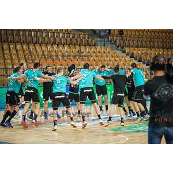 in action during 1.NLB league handball match between Celje Pivovarna Lasko and Gorenje Velenje in Arena Zlatorog, Celje, Slovenia on April 14, 2021