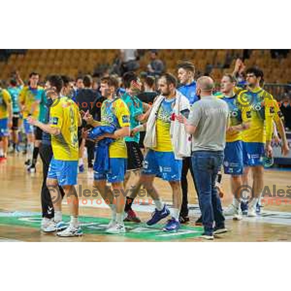 in action during 1.NLB league handball match between Celje Pivovarna Lasko and Gorenje Velenje in Arena Zlatorog, Celje, Slovenia on April 14, 2021