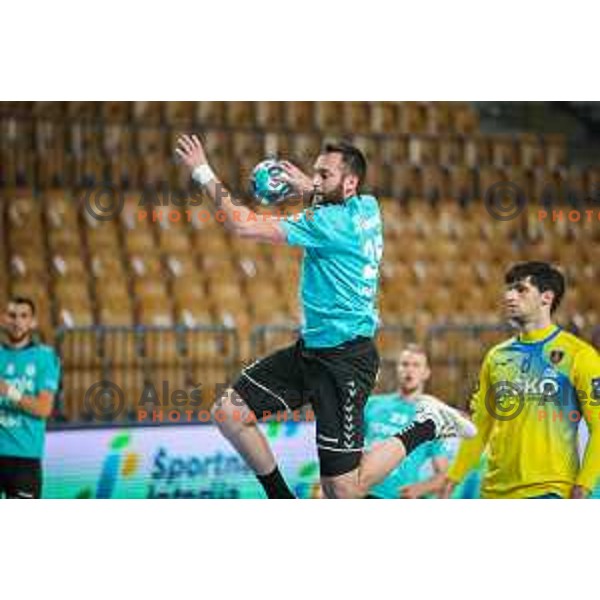 in action during 1.NLB league handball match between Celje Pivovarna Lasko and Gorenje Velenje in Arena Zlatorog, Celje, Slovenia on April 14, 2021