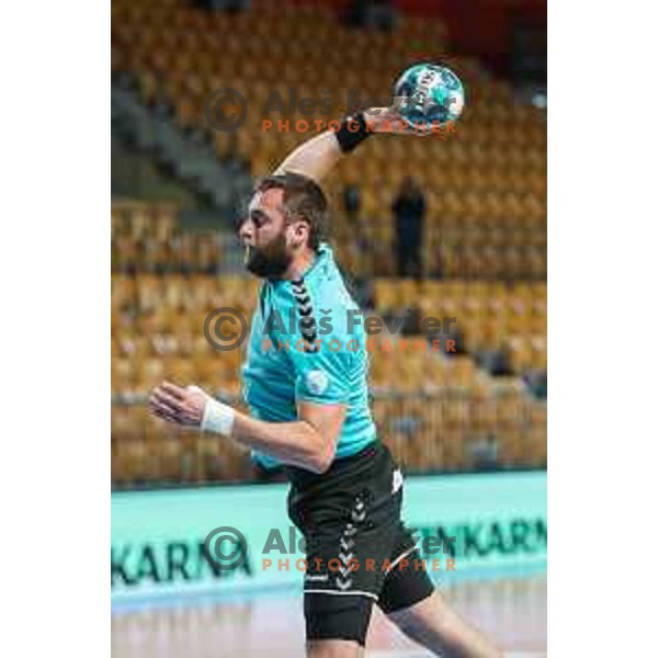 in action during 1.NLB league handball match between Celje Pivovarna Lasko and Gorenje Velenje in Arena Zlatorog, Celje, Slovenia on April 14, 2021