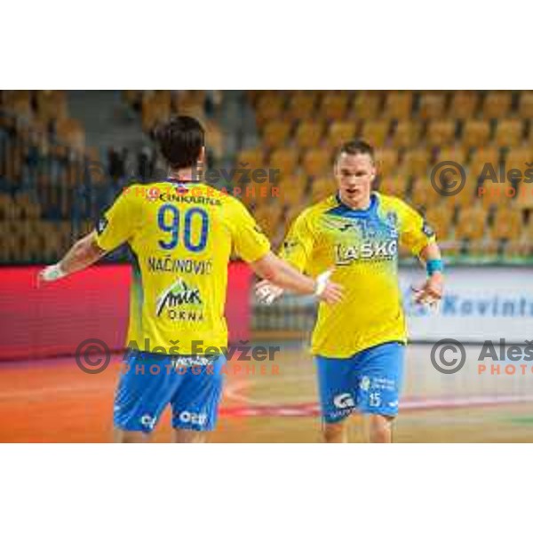 in action during 1.NLB league handball match between Celje Pivovarna Lasko and Gorenje Velenje in Arena Zlatorog, Celje, Slovenia on April 14, 2021