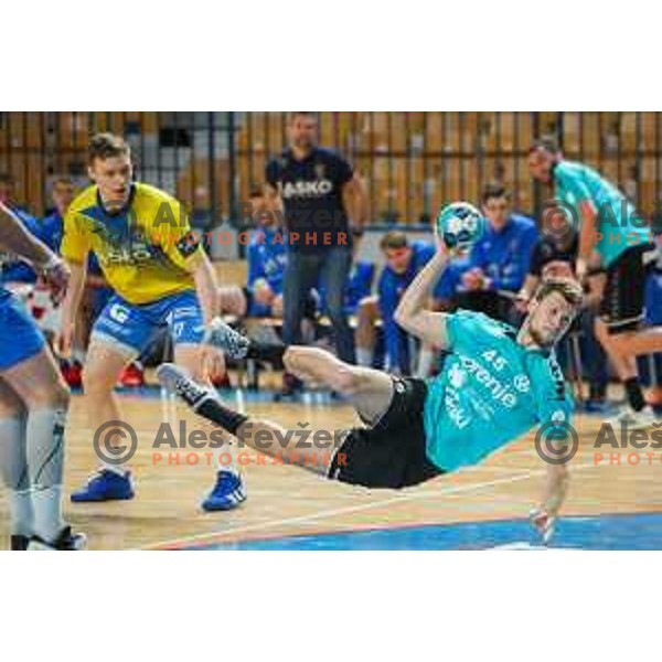 in action during 1.NLB league handball match between Celje Pivovarna Lasko and Gorenje Velenje in Arena Zlatorog, Celje, Slovenia on April 14, 2021