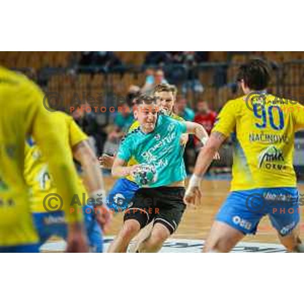 in action during 1.NLB league handball match between Celje Pivovarna Lasko and Gorenje Velenje in Arena Zlatorog, Celje, Slovenia on April 14, 2021