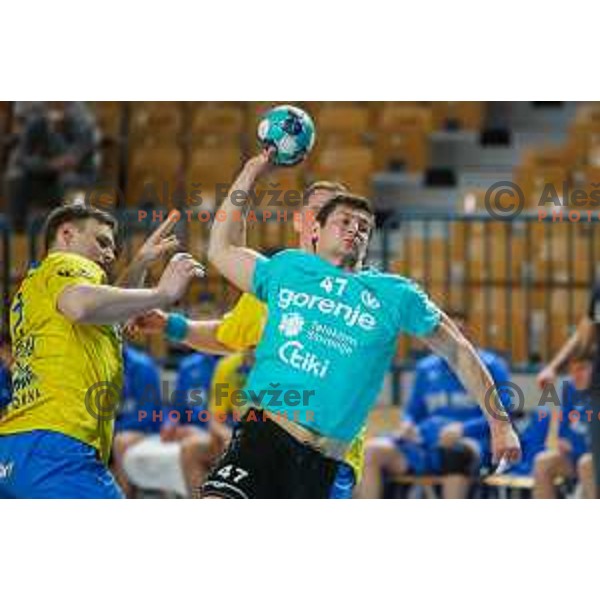 in action during 1.NLB league handball match between Celje Pivovarna Lasko and Gorenje Velenje in Arena Zlatorog, Celje, Slovenia on April 14, 2021
