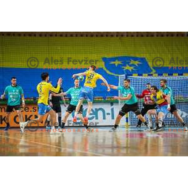 in action during 1.NLB league handball match between Celje Pivovarna Lasko and Gorenje Velenje in Arena Zlatorog, Celje, Slovenia on April 14, 2021