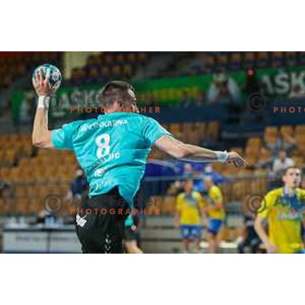 in action during 1.NLB league handball match between Celje Pivovarna Lasko and Gorenje Velenje in Arena Zlatorog, Celje, Slovenia on April 14, 2021