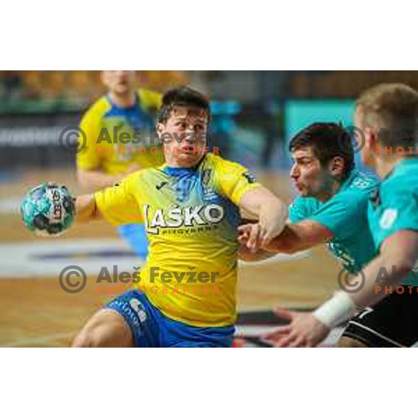 in action during 1.NLB league handball match between Celje Pivovarna Lasko and Gorenje Velenje in Arena Zlatorog, Celje, Slovenia on April 14, 2021