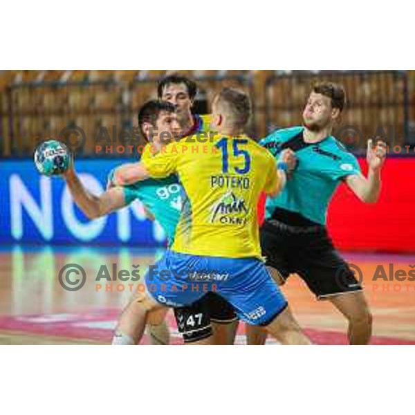 in action during 1.NLB league handball match between Celje Pivovarna Lasko and Gorenje Velenje in Arena Zlatorog, Celje, Slovenia on April 14, 2021