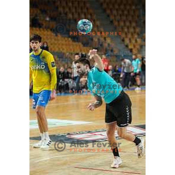in action during 1.NLB league handball match between Celje Pivovarna Lasko and Gorenje Velenje in Arena Zlatorog, Celje, Slovenia on April 14, 2021