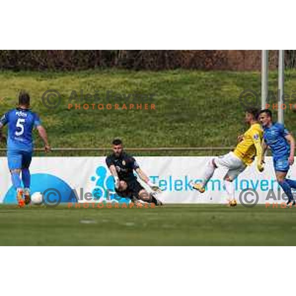 Mustafa Nukic scores goal past Ajdim Mulalic during Prva Liga Telekom Slovenije 2020-2021 football match between Bravo and Domzale in Ljubljana, Slovenia on April 17, 2021