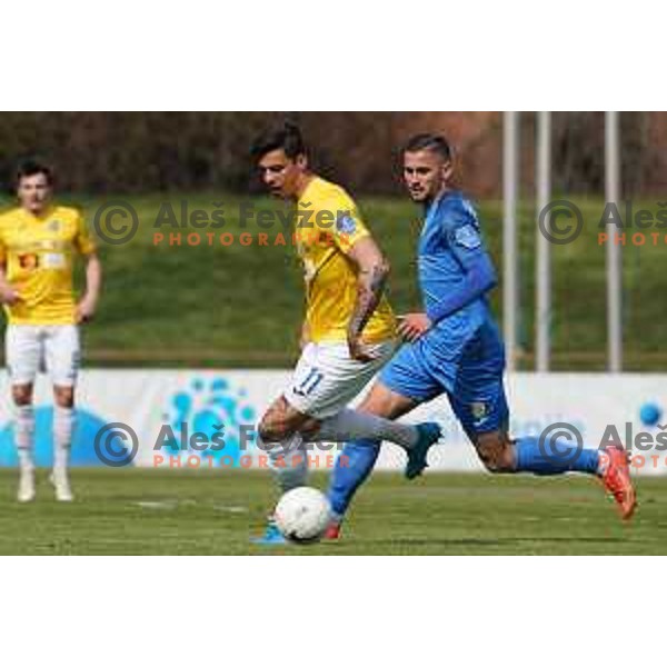 Mitja Krizan and Dario Kolobaric of Domzale in action during Prva Liga Telekom Slovenije 2020-2021 football match between Bravo and Domzale in Ljubljana, Slovenia on April 17, 2021