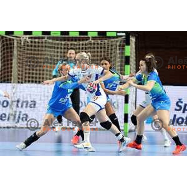 Barabara Lazovic and Tjasa Stanko of Slovenia in action during World Championship Women 2021 Qualification match between Slovenia and Iceland in Kodeljevo hall, Ljubljana, Slovenia on April 17, 2021