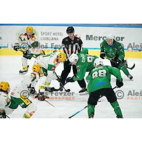 Tadej Cimzar of SZ Olimpija in action during fifth match of the semi-final of Alps League ice-hockey match between SZ Olimpija and Lustenau in Tivoli Hall, Ljubljana, Slovenia on April 17, 2021