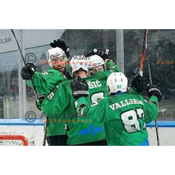 Ziga Pance, Miha Logar of SZ Olimpija celebrate goal during fifth match of the semi-final of Alps League ice-hockey match between SZ Olimpija and Lustenau in Tivoli Hall, Ljubljana, Slovenia on April 17, 2021