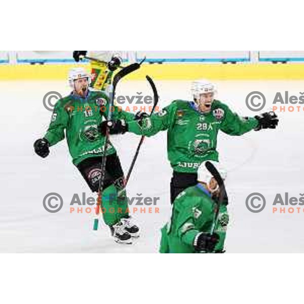 Ales Music and Anze Ropret celebrate goal during fifth match of the semi-final of Alps League ice-hockey match between SZ Olimpija and Lustenau in Tivoli Hall, Ljubljana, Slovenia on April 17, 2021