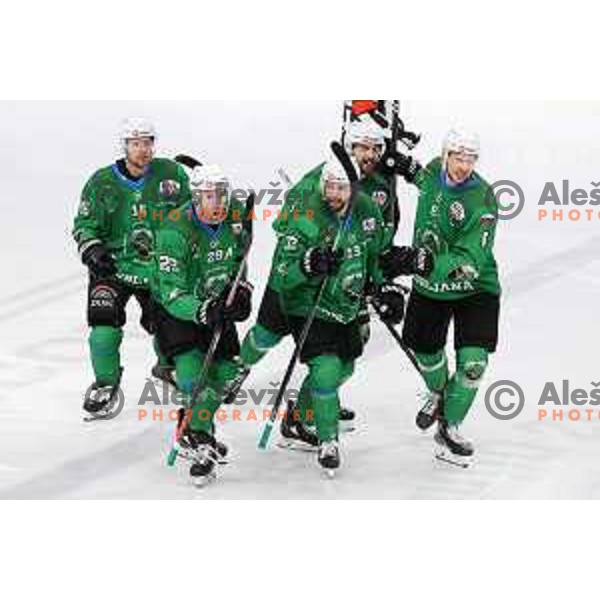Anze Ropret, Ziga Pance and Miha Stebih of SZ Olimpija in action during fifth match of the semi-final of Alps League ice-hockey match between SZ Olimpija and Lustenau in Tivoli Hall, Ljubljana, Slovenia on April 17, 2021