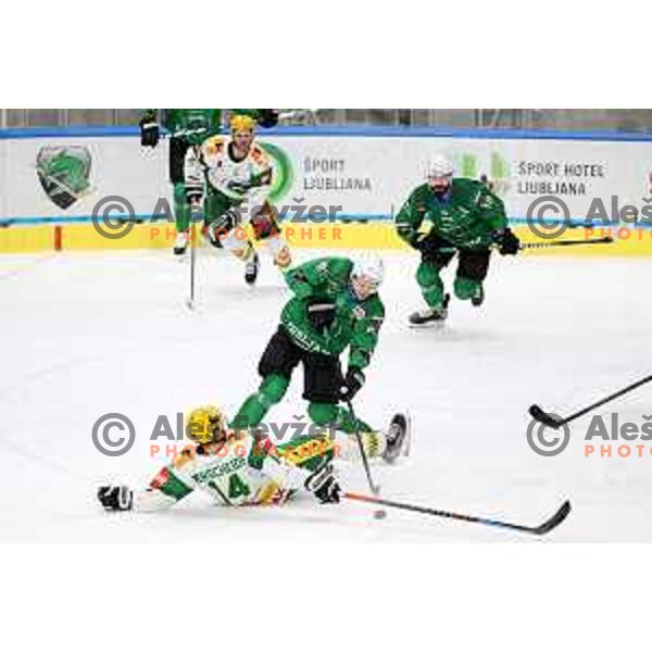 Tadej Cimzar of SZ Olimpija in action during fifth match of the semi-final of Alps League ice-hockey match between SZ Olimpija and Lustenau in Tivoli Hall, Ljubljana, Slovenia on April 17, 2021