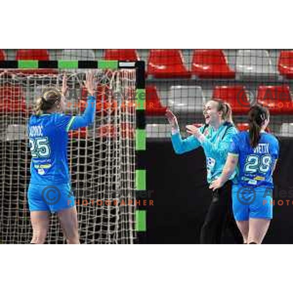 Barbara Lazovic and Amra Pandzic of Slovenia in action during World Championship Women 2021 Qualification match between Slovenia and Iceland in Kodeljevo hall, Ljubljana, Slovenia on April 17, 2021