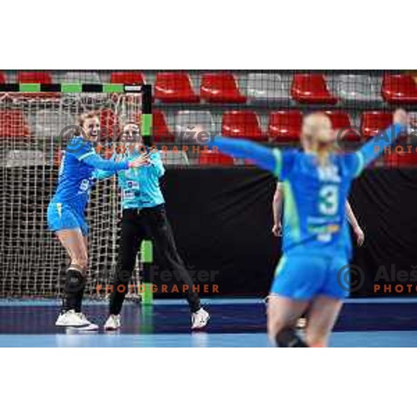 Barbara Lazovic and Amra Pandzic of Slovenia in action during World Championship Women 2021 Qualification match between Slovenia and Iceland in Kodeljevo hall, Ljubljana, Slovenia on April 17, 2021