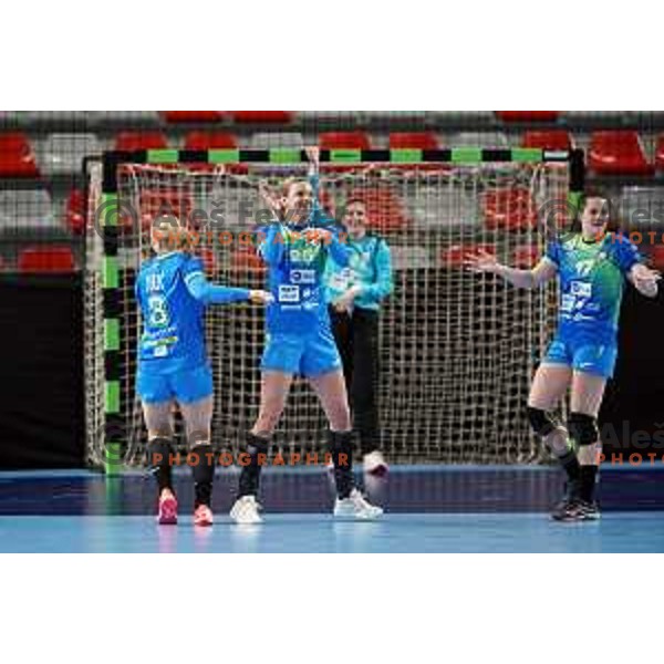 Barbara Lazovic and Amra Pandzic of Slovenia in action during World Championship Women 2021 Qualification match between Slovenia and Iceland in Kodeljevo hall, Ljubljana, Slovenia on April 17, 2021