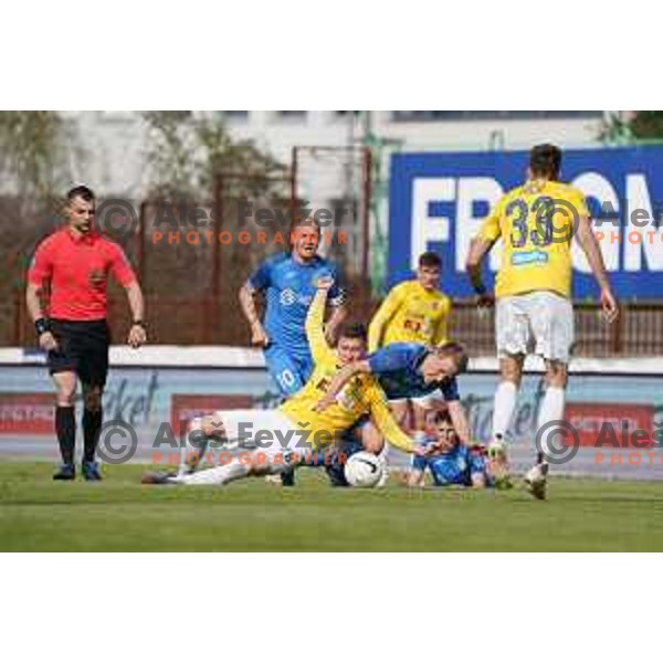 Rok Maher and Benjamin Markus in action during Prva Liga Telekom Slovenije 2020-2021 football match between Bravo and Domzale in Ljubljana, Slovenia on April 17, 2021