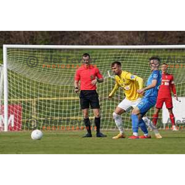 Mustafa Nukic and Arnel Jakupovic in action during Prva Liga Telekom Slovenije 2020-2021 football match between Bravo and Domzale in Ljubljana, Slovenia on April 17, 2021