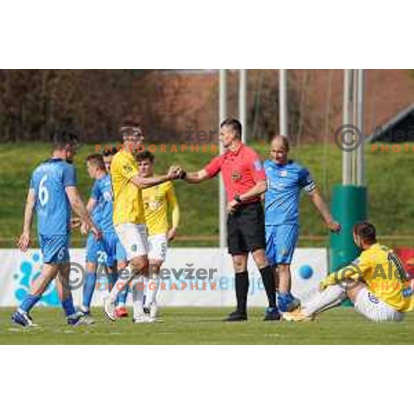 Luka Zinko and referee Aleksandar Matkovic during Prva Liga Telekom Slovenije 2020-2021 football match between Bravo and Domzale in Ljubljana, Slovenia on April 17, 2021