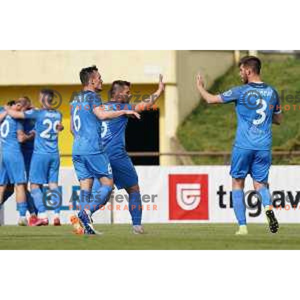 Tilen Klemencic and Damjan Vuklisevic celebrate goal during Prva Liga Telekom Slovenije 2020-2021 football match between Bravo and Domzale in Ljubljana, Slovenia on April 17, 2021