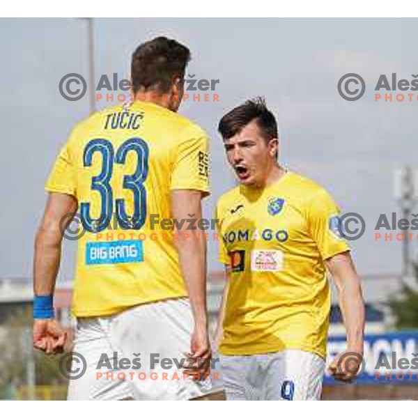 Milan Tucic and Martin Kramaric celebrate goal during Prva Liga Telekom Slovenije 2020-2021 football match between Bravo and Domzale in Ljubljana, Slovenia on April 17, 2021