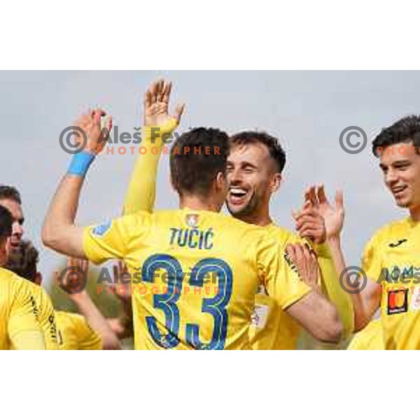 Milan Tucic, Mustafa Nukic and Mitja Krizan celebrate goal during Prva Liga Telekom Slovenije 2020-2021 football match between Bravo and Domzale in Ljubljana, Slovenia on April 17, 2021