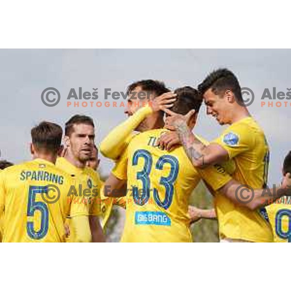 Milan Tucic, Mustafa Nukic and Mitja Krizan celebrate goal during Prva Liga Telekom Slovenije 2020-2021 football match between Bravo and Domzale in Ljubljana, Slovenia on April 17, 2021