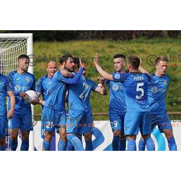 Matej Podlogar, Senijad Ibricic, Arnel Jakupovic celebrate goal during Prva Liga Telekom Slovenije 2020-2021 football match between Bravo and Domzale in Ljubljana, Slovenia on April 17, 2021