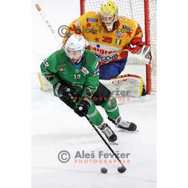 Nik Simsic in action during the Final of Alps league ice-hockey match between SZ Olimpija and Asiago in Ljubljana, Slovenia on April 20, 2021