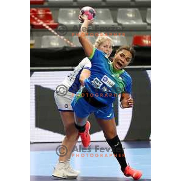 Elizabeth Omoregie of Slovenia in action during World Championship Women 2021 Qualification match between Slovenia and Iceland in Kodeljevo hall, Ljubljana, Slovenia on April 17, 2021