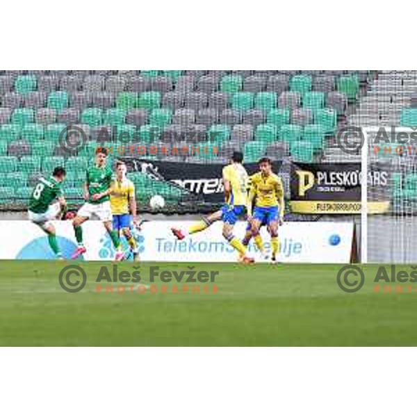 Nino Pungarsek of Olimpija scores goal during Prva Liga Telekom Slovenije 2020-2021 football match between Olimpija and Koper in SRC Stozice, Ljubljana, Slovenia on April 21, 2021