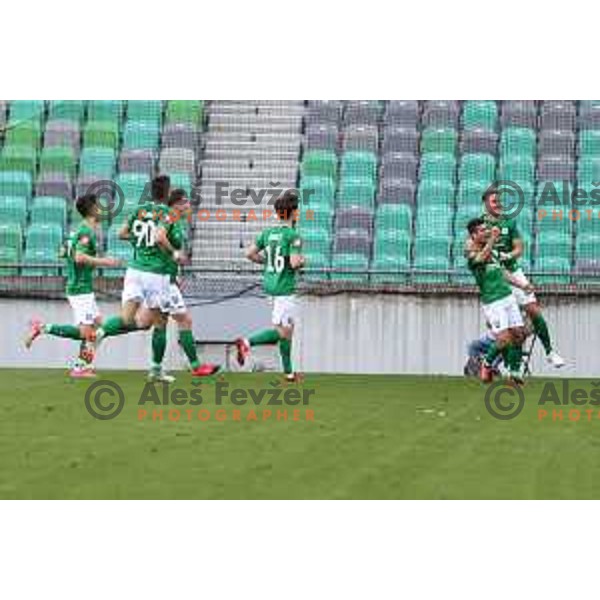 Nino Pungarsek and Uros Korun of Olimpija celebrate goal during Prva Liga Telekom Slovenije 2020-2021 football match between Olimpija and Koper in SRC Stozice, Ljubljana, Slovenia on April 21, 2021