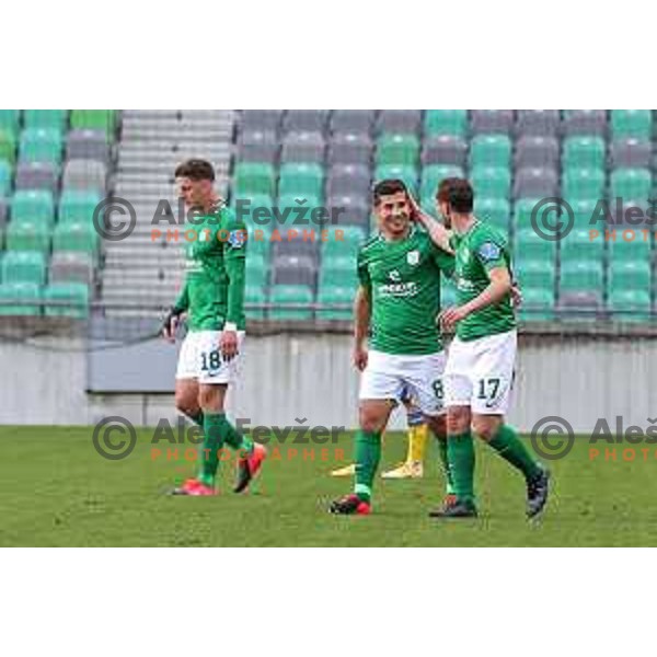 Nino Pungarsek and Matic Fink of Olimpija celebrate goal during Prva Liga Telekom Slovenije 2020-2021 football match between Olimpija and Koper in SRC Stozice, Ljubljana, Slovenia on April 21, 2021