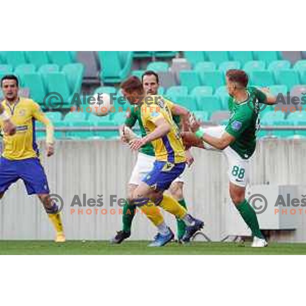 Nardin Mulahusejnovic and Uros Korun in action during Prva Liga Telekom Slovenije 2020-2021 football match between Olimpija and Koper in SRC Stozice, Ljubljana, Slovenia on April 21, 2021