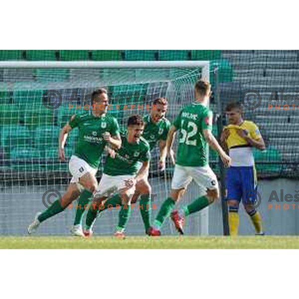 Antonio Delamea Mlinar, Radivoj Bosic and Uros Korun celebrate goal during Prva Liga Telekom Slovenije 2020-2021 football match between Olimpija and Koper in SRC Stozice, Ljubljana, Slovenia on April 21, 2021