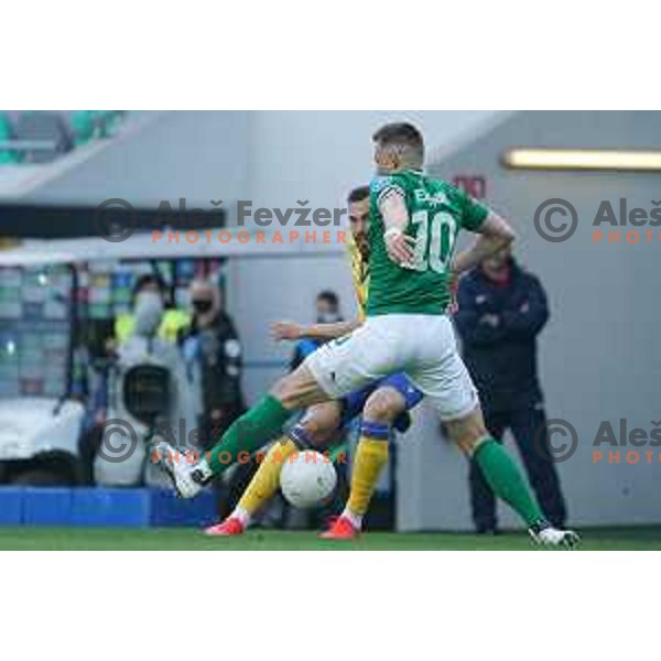 Maks Barisic and Timi Max Elsnik in action during Prva Liga Telekom Slovenije 2020-2021 football match between Olimpija and Koper in SRC Stozice, Ljubljana, Slovenia on April 21, 2021