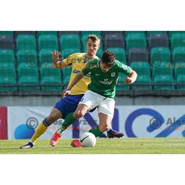 Zan Zuzek and Radivoj Bosic in action during Prva Liga Telekom Slovenije 2020-2021 football match between Olimpija and Koper in SRC Stozice, Ljubljana, Slovenia on April 21, 2021