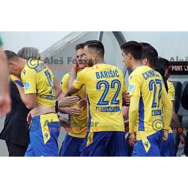 Matej Palcic and Maks Barisic celebrate goal during Prva Liga Telekom Slovenije 2020-2021 football match between Olimpija and Koper in SRC Stozice, Ljubljana, Slovenia on April 21, 2021