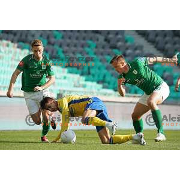 Michael Pavlovic, Mihail Caimacov and Antonio Delamea Mlinar in action during Prva Liga Telekom Slovenije 2020-2021 football match between Olimpija and Koper in SRC Stozice, Ljubljana, Slovenia on April 21, 2021