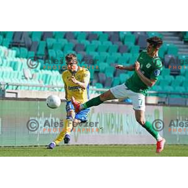 Zan Zuzek and Radivoj Bosic in action during Prva Liga Telekom Slovenije 2020-2021 football match between Olimpija and Koper in SRC Stozice, Ljubljana, Slovenia on April 21, 2021
