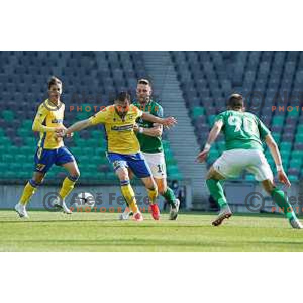 Maks Barisic and Timi Max Elsnik in action during Prva Liga Telekom Slovenije 2020-2021 football match between Olimpija and Koper in SRC Stozice, Ljubljana, Slovenia on April 21, 2021