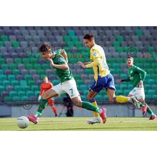 Radivoj Bosic and Mihail Caimacov in action during Prva Liga Telekom Slovenije 2020-2021 football match between Olimpija and Koper in SRC Stozice, Ljubljana, Slovenia on April 21, 2021