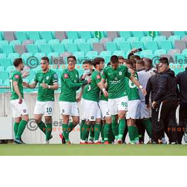 Matic Fink, Timi Max Elsnik and Andres Vombergar celebrate goal during Prva Liga Telekom Slovenije 2020-2021 football match between Olimpija and Koper in SRC Stozice, Ljubljana, Slovenia on April 21, 2021