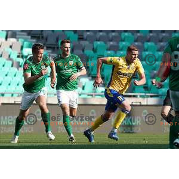 Antonio Delamea Mlinar , Timi Max Elsnik and Nardin Mulahusejnovic in action during Prva Liga Telekom Slovenije 2020-2021 football match between Olimpija and Koper in SRC Stozice, Ljubljana, Slovenia on April 21, 2021